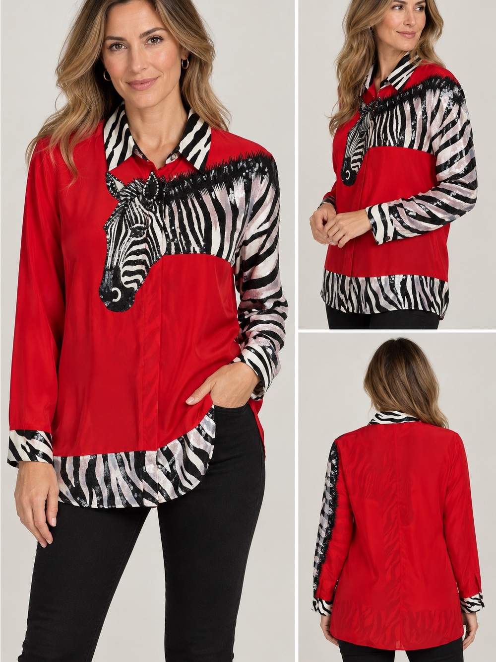 Diane Gilman Silk Red Black Zebra Horse Iridescent Sequin Statement Blouse Sz M